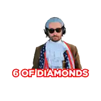 a man is holding a playing card with the words 6 of diamonds below it