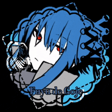 a drawing of a girl with blue hair and the name fuyu de goje on the bottom