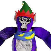 a purple gorilla wearing a red and green elf hat