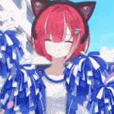 a girl with red hair is wearing a cat ear hat and cheerleader pom poms