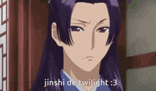 a close up of a person 's face with the words `` jinshi de twilight : 3 '' written on it .