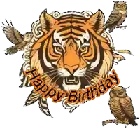 a tiger surrounded by owls with the words happy birthday written around it