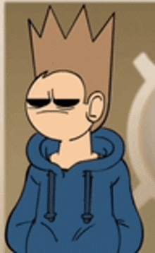 a cartoon character with a crown on his head wearing a blue hoodie .