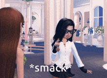 a woman in a white shirt and black skirt is standing next to another woman with the words * smack * on the bottom