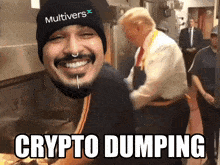 a man wearing a beanie with the word multivers on it stands next to a man in a suit and tie