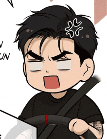 a cartoon drawing of a man with a tattoo on his arm making an angry face