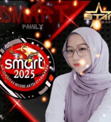 a woman wearing a hijab and glasses is standing in front of a smart 2025 logo