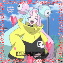a picture of a girl with hearts around her and the name marges g. canon