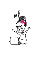 a cartoon drawing of a woman sitting in front of a laptop computer .