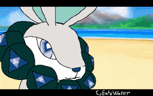 a pixel art drawing of a rabbit on a beach with the words " c : eats water " at the bottom