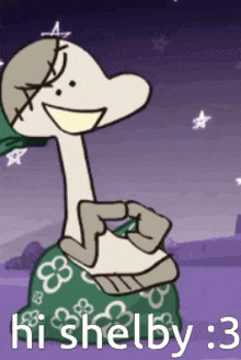 a cartoon character with the words hi shelby : 3 on the bottom