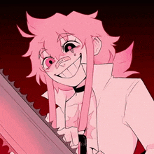 a drawing of a girl with pink hair and red eyes holding a chainsaw
