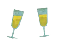 two glasses of champagne are toasting each other with birds flying in the background