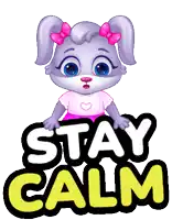 a cartoon dog with a pink bow on her head is standing next to a sign that says " stay calm "