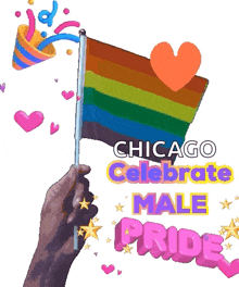 a hand holding a rainbow flag with the words chicago celebrate male pride on the bottom