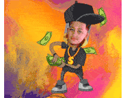 a cartoon drawing of a boy holding money with a dollar sign around his neck