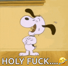 a cartoon of snoopy laughing with the words holy fuck behind him