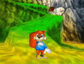 a cartoon squirrel is standing on a grassy hillside