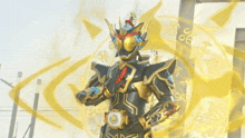a man in a black and gold armor is standing in front of a building with yellow smoke coming out of his chest