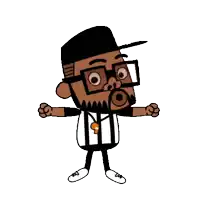 a cartoon drawing of a referee with glasses and a hat