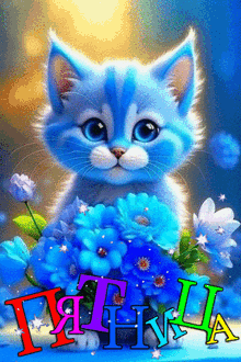 a blue kitten is holding a bouquet of blue flowers with the name athina written on it