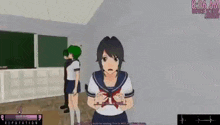 a girl in a sailor uniform is standing in a classroom with a green haired girl standing behind her .