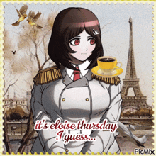 a picture of a girl holding a cup of coffee with the words it 's eloise thursday i guess
