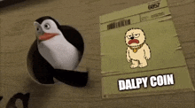 a penguin is standing next to a paper with a picture of a dog on it .