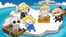 a group of cartoon characters are on a small island in the middle of the ocean with the letters bb on it