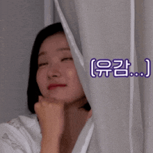 a woman behind a white curtain with chinese writing