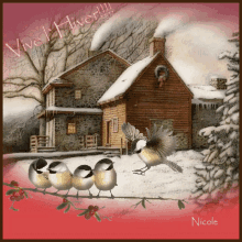 a picture of birds in front of a house with the words vive l' hiver written on the bottom