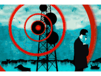 a man in a suit is talking on a cell phone in front of a tower