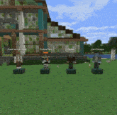 a group of people standing in front of a house in a video game