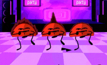 three tacos are dancing on a checkered floor in front of a sign that says party on it .