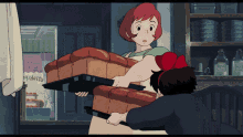 a cartoon of a woman carrying a loaf of bread in front of a sign that says ' milk bath '