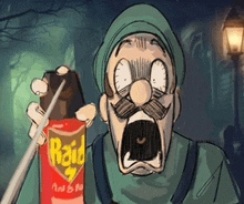 a man with a mustache is holding a can of raid