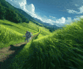 a painting of a cat walking down a path in a grassy field
