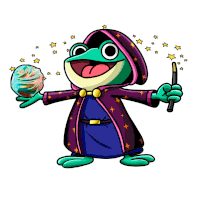 a frog is dressed as a wizard and holding a magic wand