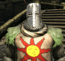 a knight wearing a helmet and a sun shield