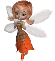 a fairy with red hair and white wings is wearing an orange and gray dress