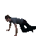 a pixel art of a person kneeling down with a laptop on their lap .