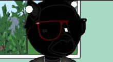 a black cat wearing red glasses and a black shirt