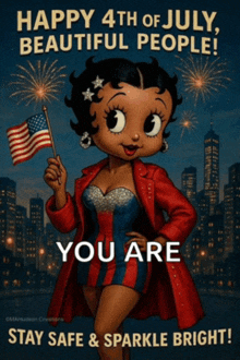 a poster for the 4th of july shows betty boop holding an american flag