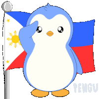 a penguin is saluting in front of a flag and the word pengu is on the bottom