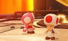 two toads are standing next to each other in a video game . one of the toads is wearing a pink dress .