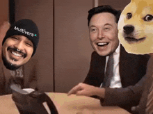 a man wearing a beanie that says multivers is smiling next to a man in a suit and a dog