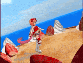 a girl in a red dress is standing on a beach