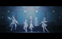a group of anime characters are dancing on a stage