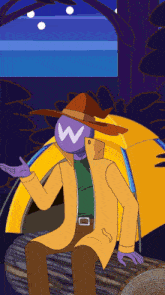 a man with a w on his head is sitting in front of a yellow tent