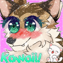 a drawing of a cat with green eyes and the word kawaii on the bottom